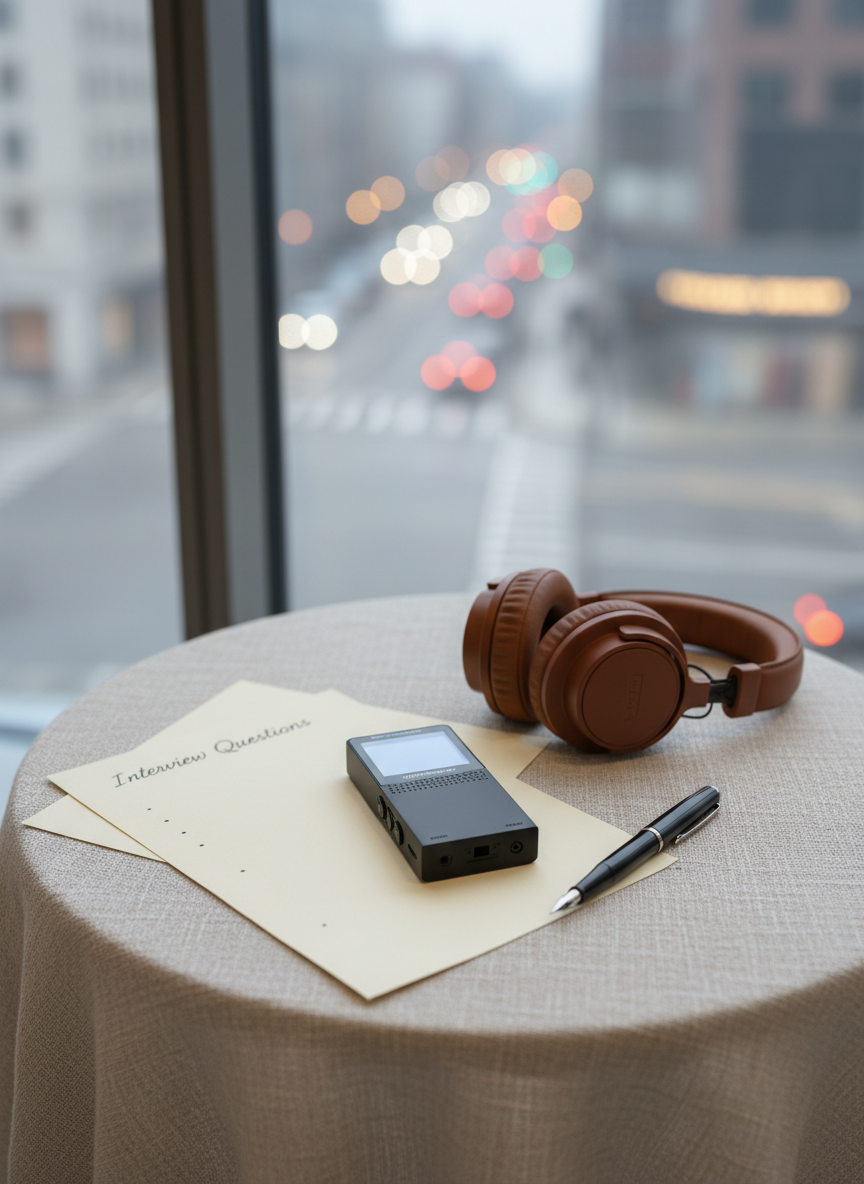 A compact digital voice recorder with a matte black body and tiny illuminated screen rests on a round table covered with a subtle linen-textured cloth. Around it are neatly arranged objects: a folded list of interview questions, a slim fountain pen, and a pair of over-ear headphones with soft leather padding. The setting is a quiet corner near a large window overlooking an abstracted city street rendered in gentle bokeh. Diffused overcast daylight creates even, soft lighting with minimal harsh shadows. Captured from a close-up, slightly angled top-down perspective in photographic realism, the composition feels attentive and methodical, reflecting the careful, professional preparation behind in-depth cultural reporting.