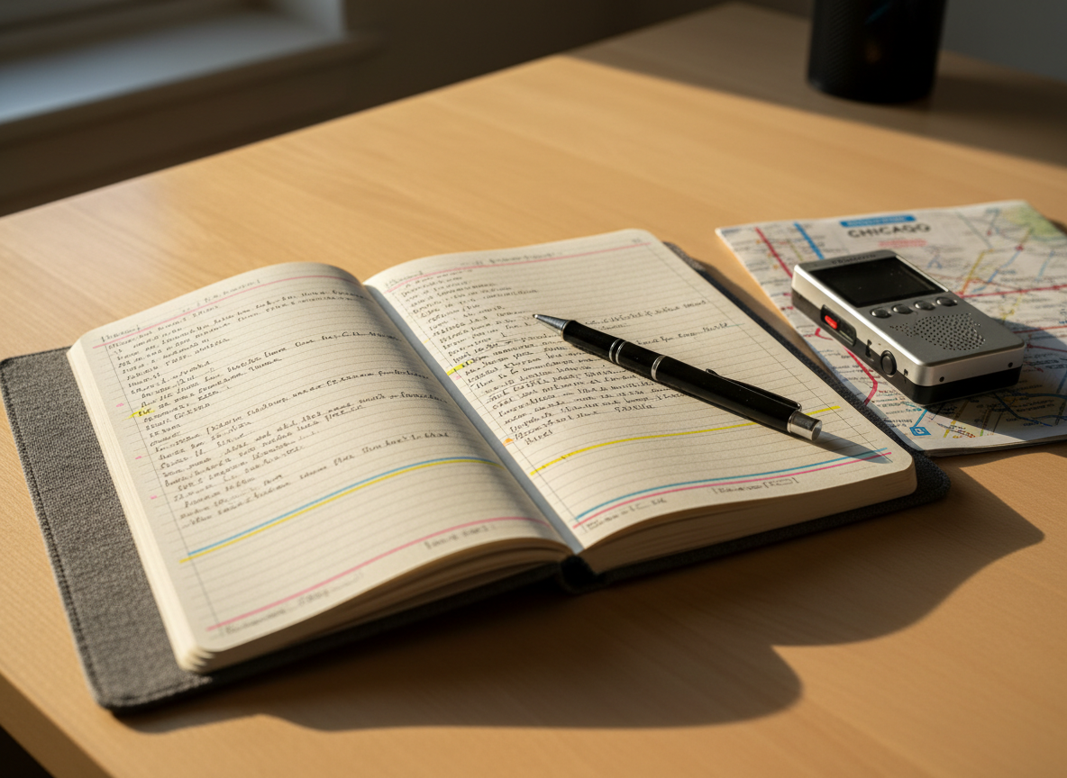 A well-worn hardcover notebook with a charcoal-gray fabric cover lies open on a clean wooden desk, its cream pages filled with neatly handwritten notes and color-coded margin highlights. A slim black reporting pen rests diagonally across the spread, beside a small digital audio recorder and a folded Chicago transit map. Soft afternoon light from an unseen window washes across the desk, creating gentle shadows and subtle reflections in a photographic realism style. The mood is focused and professional, with a calm, minimalist composition shot from a slightly elevated angle, shallow depth of field softly blurring the edges of the desk and suggesting a tidy workspace dedicated to thoughtful journalism.