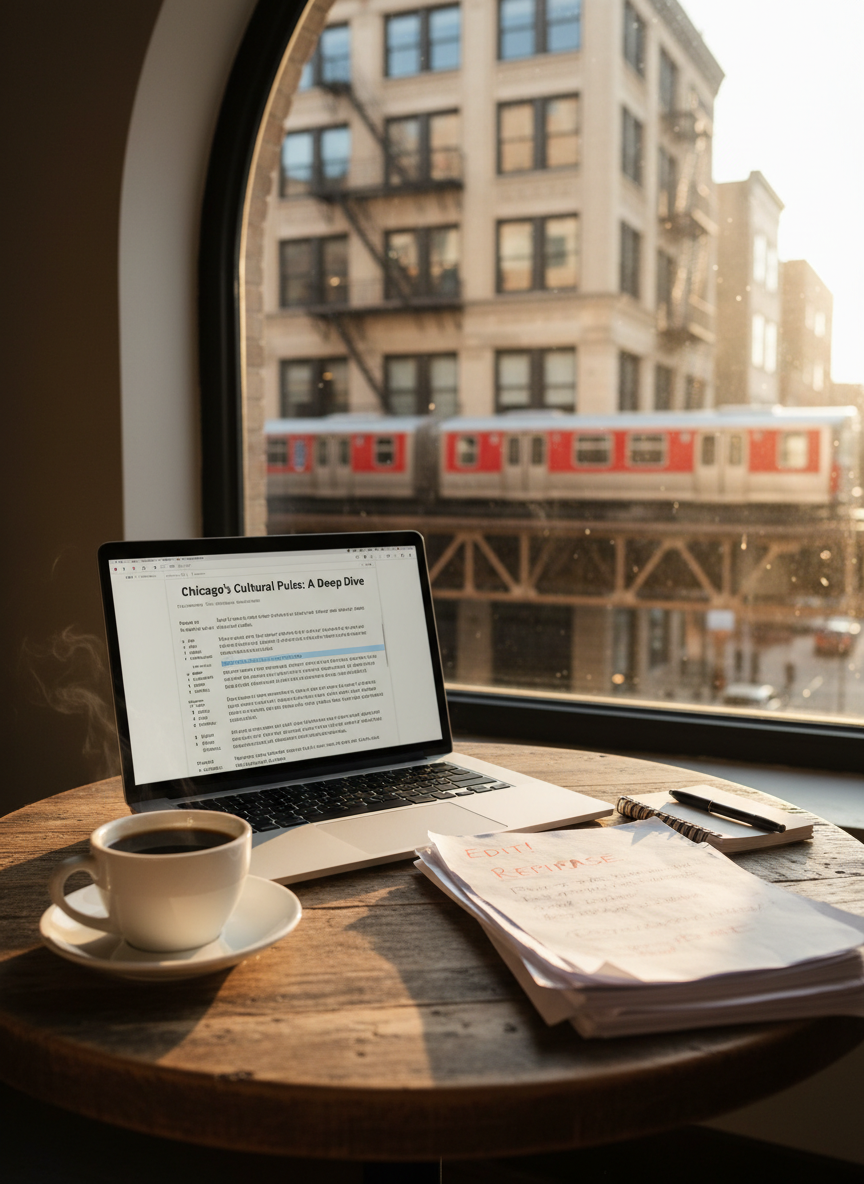 A modern laptop with a sleek brushed-aluminum finish sits on a café-style table, its screen displaying a draft article about Chicago culture in a clean text editor. Around it are neatly stacked printouts marked with red editorial notes, a small spiral-bound notebook, and a ceramic cup of black coffee on a simple saucer. Through the large window behind, the blurred outlines of classic Chicago brick buildings and an elevated train track are visible. Warm golden-hour sunlight streams in, casting long, soft shadows and a cozy glow. Shot at eye level in photographic realism, the composition follows the rule of thirds, evoking a professional, contemplative mood of a student journalist refining their work in an urban setting.