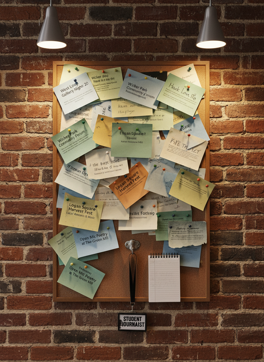 A detailed Chicago neighborhood bulletin board is mounted on an exposed brick wall, covered with overlapping flyers for gallery openings, community meetings, and small neighborhood festivals. Pushpins in varied muted colors hold up slightly curled paper edges, revealing layers of cultural activity. At the bottom, a discreet press badge labeled “Student Journalist” hangs from a metal hook beside a slim reporter’s notebook. Warm indoor pendant lighting casts soft, directional light that brings out the brick’s texture and subtle shadows beneath the papers. Shot straight on in photographic realism with sharp focus throughout, the composition feels organized yet vibrant, capturing the dynamic, community-centered atmosphere of local culture reporting.